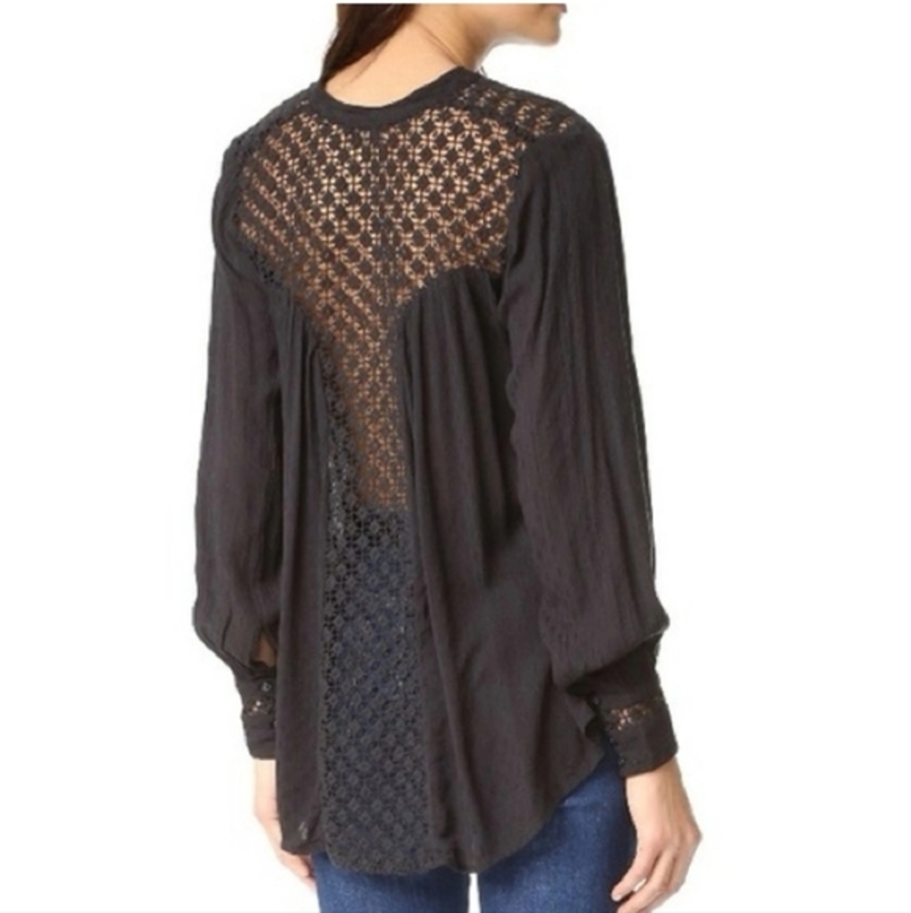 Free People Black Gauze Crochet Lace Back Button Down Blouse XS‎